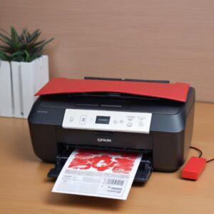 Ilustrasi printer Epson L3210 dengan semua lampu indikator menyala merah, menunjukkan kondisi error. Di sampingnya, tangan seseorang sedang mencoba mencabut kabel power.