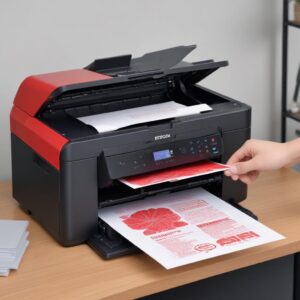 Ilustrasi printer Epson L3210 dengan tanda seru merah di atasnya, menunjukkan error, di samping seseorang yang sedang bingung melihat layar komputer.