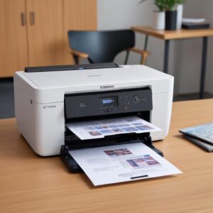 Ilustrasi printer Epson L3210 diletakkan di meja kerja yang bersih, dengan laptop di sebelahnya, menunjukkan aktivitas cetak dokumen berwarna cerah.