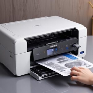 Ilustrasi printer Epson L3210 mencetak dengan lancar, tidak ada lampu error, dan seorang pengguna tersenyum lega.