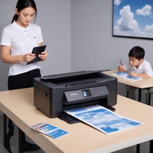 Ilustrasi printer Epson L3210 mencetak halaman uji berwarna, dengan beberapa laptop dan smartphone mengambang di sekelilingnya, terhubung oleh garis putus-putus ke ikon awan (cloud) kecil yang terhubung ke printer. Menggambarkan banyak perangkat yang berbagi satu printer.