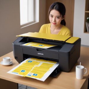 Ilustrasi printer Epson L3210 sedang mencetak dengan hasil cetakan yang menunjukkan masalah warna kuning hilang, dengan ekspresi frustrasi pengguna.