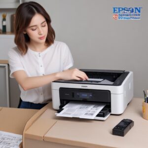 Ilustrasi printer Epson L3210 yang baru saja di-reset, lampu indikatornya menyala normal, dan ada tumpukan kertas yang siap dicetak.
