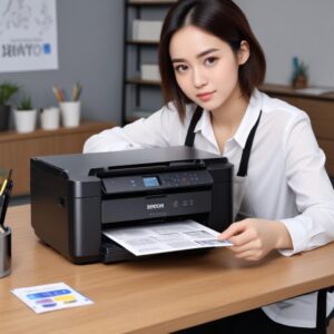 Ilustrasi printer Epson L3210 yang berfungsi normal, mencetak dokumen, dengan ekspresi wajah lega dan bahagia.
