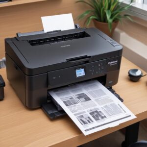 Ilustrasi printer Epson L3210 yang bersih dan bekerja dengan tenang di atas meja kantor yang rapi, mencetak dokumen dengan lancar. Tersenyum di sampingnya ada seorang pengguna yang puas.