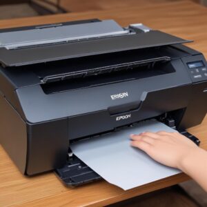Ilustrasi printer Epson L3210 yang lampu indikatornya berkedip-kedip, dengan pesan error