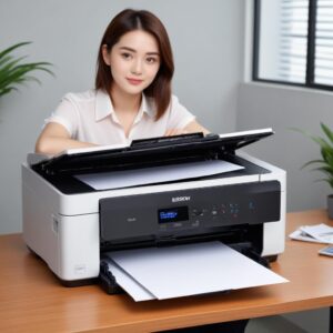 Ilustrasi printer Epson L3210 yang ringkas di atas meja kantor yang rapi, dengan dokumen-dokumen yang sedang dicetak.