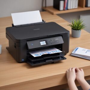 Ilustrasi printer Epson L3210 yang sedang mencetak dokumen berwarna cerah, dengan latar belakang tumpukan dokumen dan secangkir kopi, menggambarkan produktivitas.