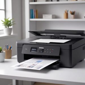 Ilustrasi printer Epson L3210 yang sedang mencetak dokumen warna dengan kualitas tinggi, dikelilingi oleh ikon-ikon yang menunjukkan fitur scanning dan copying, menyiratkan fungsionalitas penuh berkat driver yang terinstal.