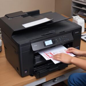 Ilustrasi printer Epson dengan dua lampu indikator merah menyala berkedip, menunjukkan keadaan darurat. Ada tangan yang mencoba mengecek kertas macet di dalam printer.