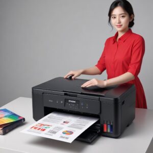 Ilustrasi sebuah printer Epson L3210 dengan dua lampu merah menyala dan seseorang dengan ekspresi khawatir sedang melihatnya.