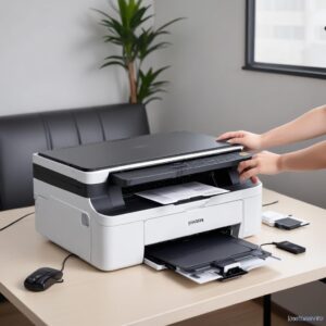 Ilustrasi sebuah printer Epson L3210 yang terhubung ke laptop dengan kabel USB, menunjukkan konektivitas utamanya. Latar belakang meja kerja dengan beberapa dokumen.