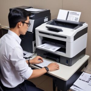 Ilustrasi seorang pebisnis muda tersenyum lega di depan laptopnya, di sebelahnya ada printer modern yang beroperasi lancar, menandakan solusi bebas masalah. Latar belakang kantor minimalis yang rapi.