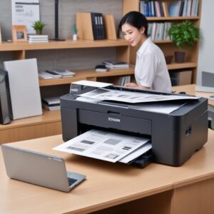 Ilustrasi seorang pebisnis muda tersenyum lega memegang faktur dengan kode HSN yang benar untuk printer Epson L3210 di meja kerjanya yang rapi. Terdapat laptop dan printer L3210 di latar belakang.