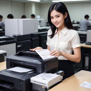 Ilustrasi seorang pebisnis wanita tersenyum lega di depan printer yang berfungsi lancar, dengan tumpukan kotak toner di latar belakang. Konsep: efisiensi dan kepuasan.