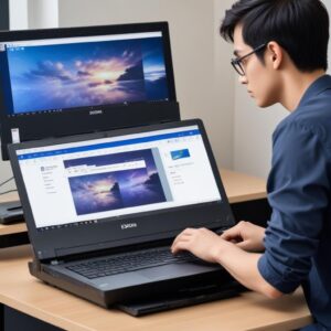 Ilustrasi seorang pengguna laptop sedang mengunduh driver printer dari website resmi Epson, dengan ikon Windows 10 di latar belakang, menunjukkan kemudahan proses download.