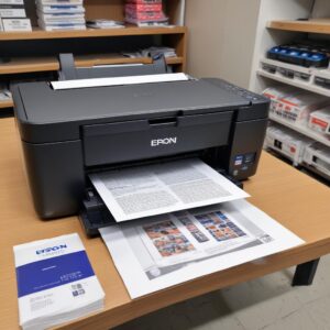 Ilustrasi seorang pengguna sedang membuka penutup printer Epson L3210 dan memeriksa bagian dalam jalur kertas dengan senter, fokus pada tangan yang memegang pinset. Background cerah, tone optimistik.