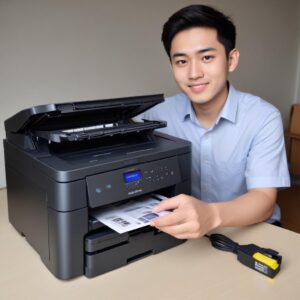Ilustrasi seorang pria muda sedang memeriksa kabel-kabel di belakang printer Epson L3210 dengan ekspresi sedikit bingung namun optimis. Lingkungan kerja rumahan.