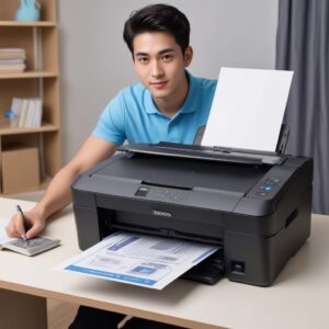 Ilustrasi seorang pria muda sedang tersenyum sambil menunjuk ke layar laptop yang menampilkan langkah-langkah instalasi driver printer Epson L3210. Di sampingnya ada printer Epson L3210 dengan kabel USB yang terhubung ke laptop. Tangan lainnya memegang ponsel. Gaya semi-kartun modern, latar belakang interior rumah yang nyaman.