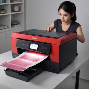 Ilustrasi seorang pria sedang kebingungan melihat printer Epson yang error dengan lampu merah berkedip, menunjukkan frustrasi pengguna.