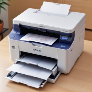 Ilustrasi seorang tangan sedang memegang selembar kertas A4 yang baru dicetak dari printer Epson L3210, dengan hasil cetakan yang sempurna dan tajam. Latar belakang menunjukkan beberapa tumpukan kertas dengan berbagai ukuran.