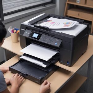 Ilustrasi seorang teknisi sedang memperbaiki printer Epson di bengkelnya dengan alat-alat khusus, menunjukkan layanan perbaikan profesional.