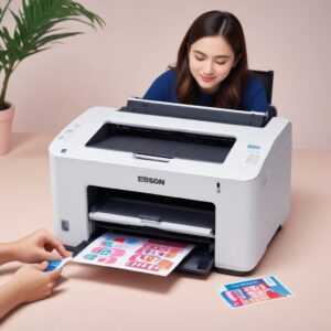 Ilustrasi seorang wanita muda sedang tersenyum sambil memegang lembaran stiker berwarna-warni yang baru dicetak dari printer Epson EcoTank di meja kerjanya. Printer terlihat modern dengan tangki tinta yang jelas.