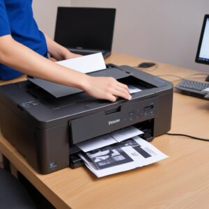 Ilustrasi seseorang dengan ekspresi frustasi sedang memeriksa kabel-kabel di belakang printer Epson L3210 yang mati total. Meja kerja berantakan dengan kertas dan laptop.