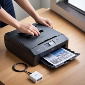 Ilustrasi seseorang dengan ekspresi frustasi sedang memeriksa kabel USB yang terlepas dari printer Epson L3210 dan laptopnya, dengan latar belakang tumpukan kertas yang belum tercetak.