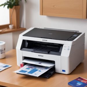 Ilustrasi seseorang dengan ekspresi lega setelah berhasil menginstal driver printer, di depannya ada laptop dan printer Epson L3210 yang sedang mencetak dokumen. Lingkaran cahaya menunjukkan solusi cepat dan mudah.