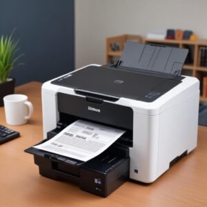 Ilustrasi seseorang dengan ekspresi lega setelah printer bekerja dengan baik, dengan ikon update driver di latar belakang.