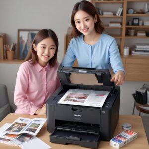 Ilustrasi seseorang dengan ekspresi puas memegang hasil cetakan foto berwarna cerah dari printer Epson L3210, menunjukkan kualitas cetak yang baik.