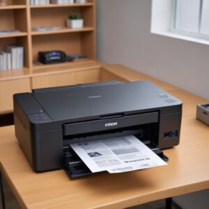 Ilustrasi seseorang sedang meletakkan dokumen di kaca scanner printer Epson L3210, dengan tangan menunjukkan ke arah dokumen yang lurus dan rapi. Di latar belakang, terlihat layar komputer dengan antarmuka aplikasi scan.