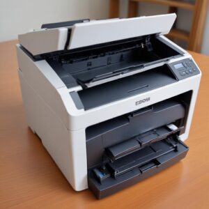 Ilustrasi seseorang sedang memeriksa kabel power printer Epson L3210 yang terhubung ke stop kontak di dinding. Terlihat tangan sedang meraba kabel dan stop kontak.