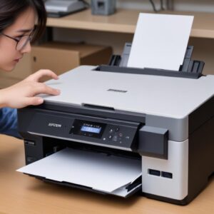 Ilustrasi seseorang sedang memeriksa printer Epson L3210 yang menampilkan pesan error di layar, dengan tangan mencoba menekan tombol reset.