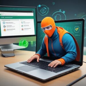 Ilustrasi seseorang sedang men-download file software resetter dari internet di laptop, dengan ikon antivirus yang dinonaktifkan di pojok layar.