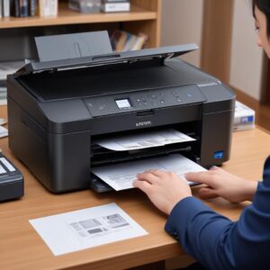 Ilustrasi seseorang sedang mencari driver printer di komputer dengan ikon unduh besar dan printer Epson L3210 di latar belakang.