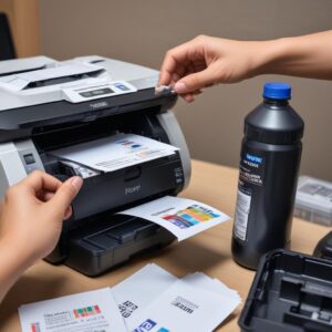 Ilustrasi seseorang sedang mencetak dokumen dengan ekspresi puas, di latar belakang terlihat stack kertas yang dicetak dan botol tinta Epson di meja.