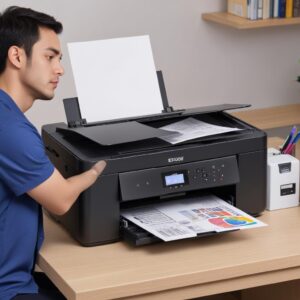 Ilustrasi seseorang tersenyum lega di depan printer Epson L3210 yang berfungsi dengan baik, menunjukkan kepuasan setelah instalasi driver berhasil.
