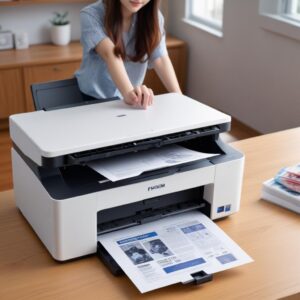 Ilustrasi seseorang tersenyum puas sambil melihat hasil scan dokumen yang rapi di layar komputer, dengan printer Epson L3210 di meja.