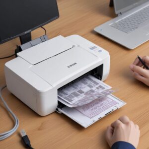 Ilustrasi seseorang yang sedang memeriksa kabel USB printer Epson L3210 yang terhubung ke laptop, dengan ekspresi sedikit bingung namun optimis. Lingkungan kerja modern.
