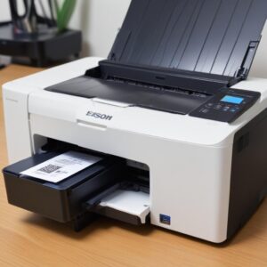 Ilustrasi seseorang yang sedang memeriksa kabel printer Epson dan koneksi Wi-Fi, dengan ikon printer dan komputer di latar belakang. Ekspresi wajah orang tersebut menunjukkan fokus dan sedikit frustasi.