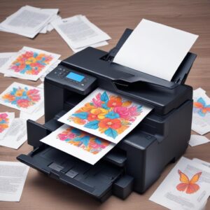 Ilustrasi seseorang yang sedang panik melihat tinta printer habis, dengan background tumpukan kertas.