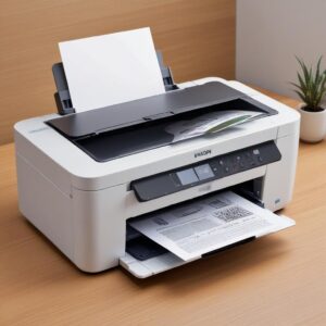 Ilustrasi smartphone Android di sebelah printer Epson L3210, dengan logo aplikasi Epson iPrint di layar smartphone dan simbol WiFi yang menghubungkan keduanya. Tampilan cerah dan modern.