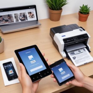 Ilustrasi tangan memegang smartphone Android yang menampilkan antarmuka aplikasi Epson iPrint sedang memilih dokumen untuk dicetak, dengan ikon pengaturan cetak di latar belakang.