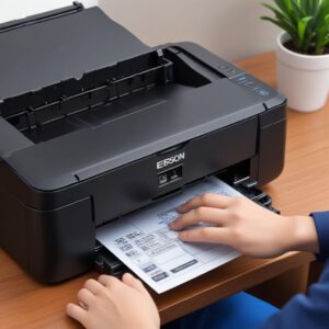 Ilustrasi tangan mencolokkan kabel USB printer Epson L3210 ke port USB laptop Windows 11, dengan notifikasi instalasi driver otomatis muncul di layar.