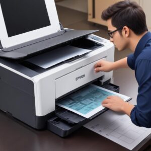 Ilustrasi tangan menggunakan software resetter pada laptop yang terhubung ke printer Epson L3210. Tampilan layar laptop menunjukkan antarmuka software.