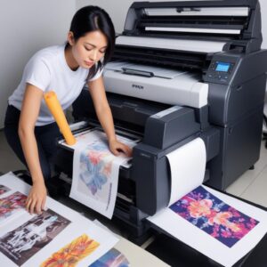Ilustrasi tangan sedang melakukan perawatan pada printer Epson, seperti membersihkan rol penarik dengan kain microfiber, dan sebotol tinta Epson original di meja. Latar belakang suasana kantor atau studio kreatif.