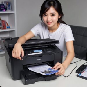 Ilustrasi tangan sedang melakukan power cycle pada printer Epson L3210, mencabut dan memasang kembali kabel listrik, dengan lampu indikator yang mati.