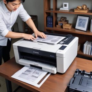 Ilustrasi tangan sedang meletakkan dokumen di kaca scanner Epson L3210, dengan antarmuka aplikasi Epson Scan 2 di layar komputer sebagai latar belakang.